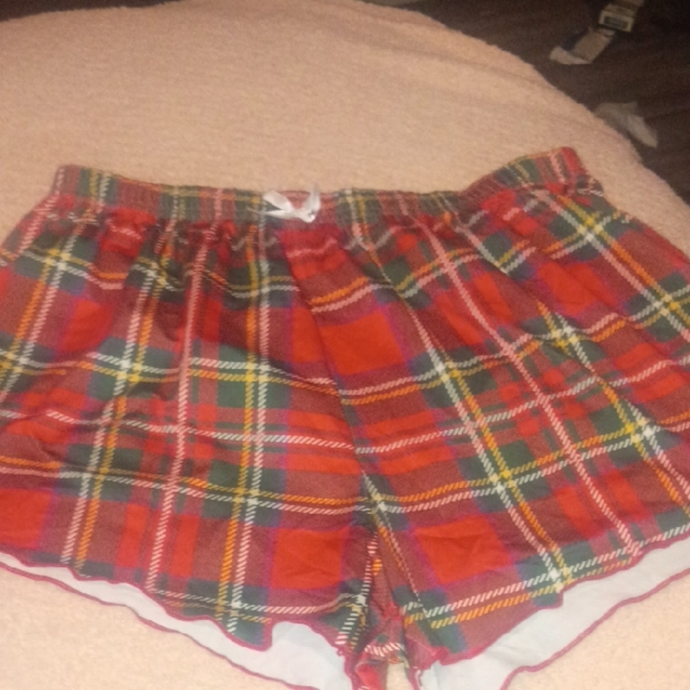 Plaid Red and Green Polyester Pajama Shorts
